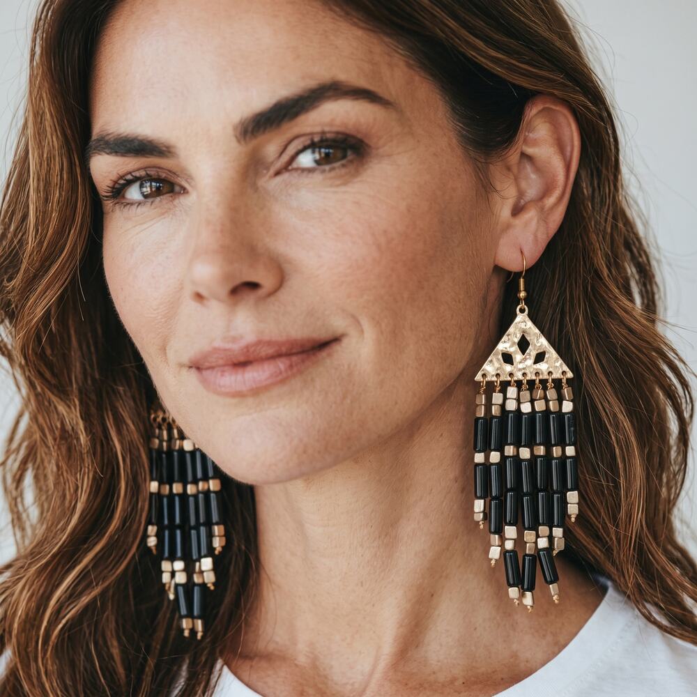Plunder Black Gold Beaded Fringe Earrings Long Statement Dangle Earrings
